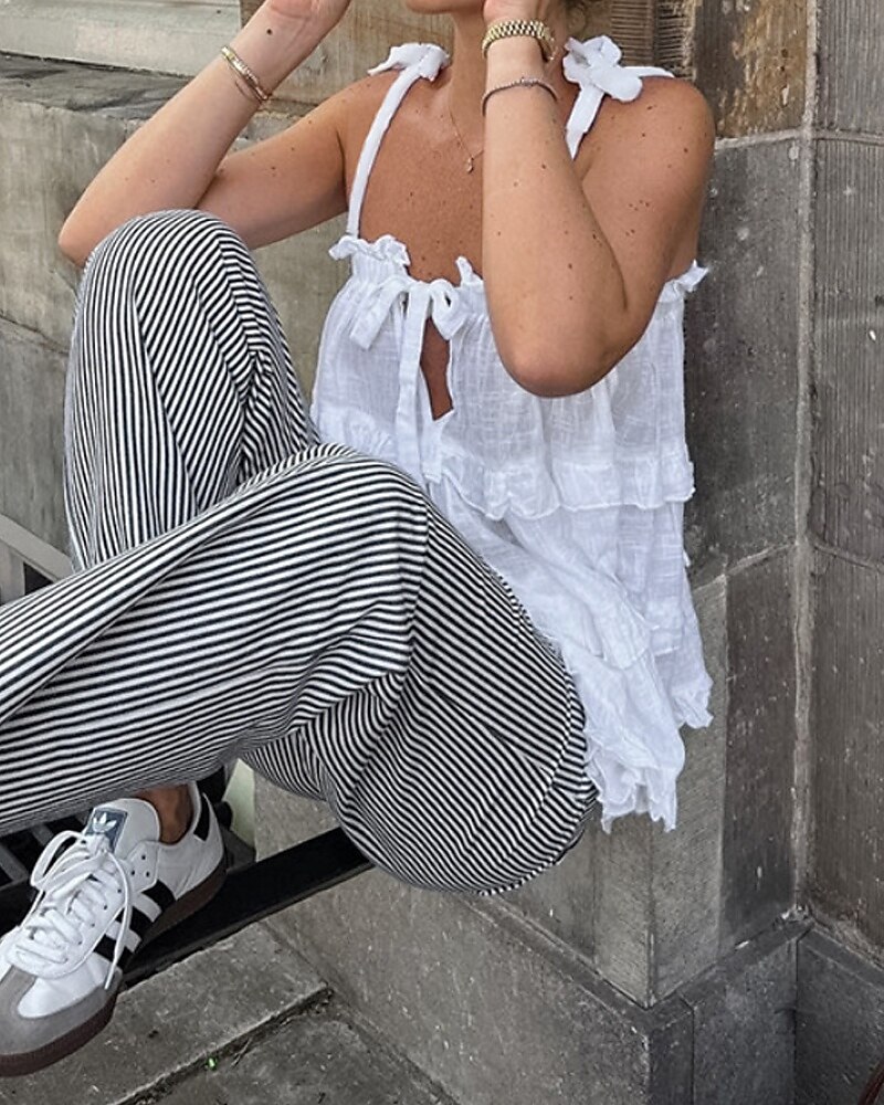 Mulheres Camisas de algodão e linho Blusa Tecido Moderno Casual Sem Manga Com Alças Tops regulares Diário Para Noite Com Corte Branco Verão de 2025 por $29.99 –P4