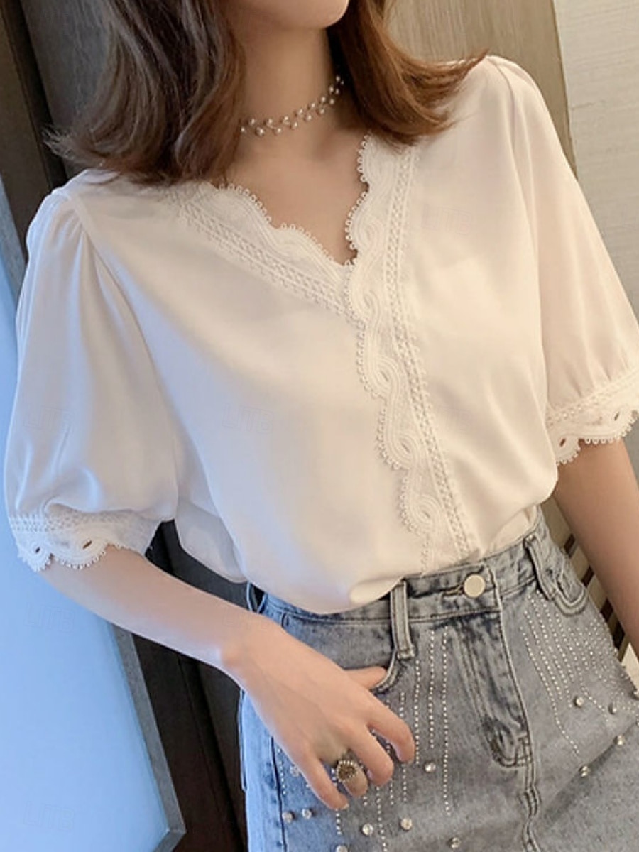 Damen Bluse Einfarbig Stilvoll Basic Lässig Kurzarm Hemdkragen Normale Oberteile Täglich Patchwork Knöpfe Spitzenbesatz Weiß Sommer 2025 - $13.99 –P1
