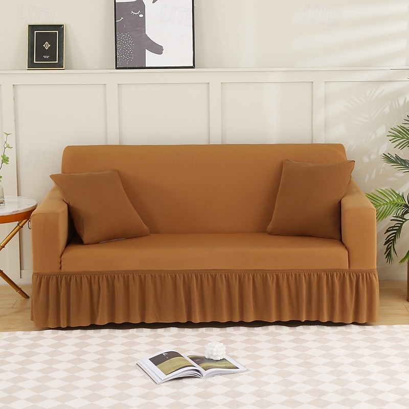 sofatrekk med skjørt ensfarget skjørtstil sofatrekk enkelhet til stue sofatrekk sesongstiler elastisk sofatrekk sofahåndkle stolbeskytter 1 stk 2025 - $27.99 –P17