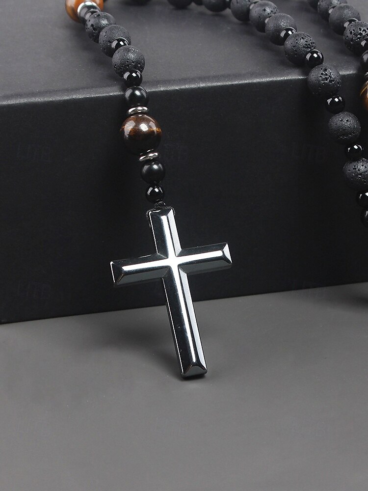 мужское ожерелье с крестом из черного лавового камня и тигрового глаза – духовное ожерелье из нержавеющей стали с бусинами регулируемой длины, идеальный подарок на день отца для повседневной и религиозной носки 2026 - $18.99 –P4