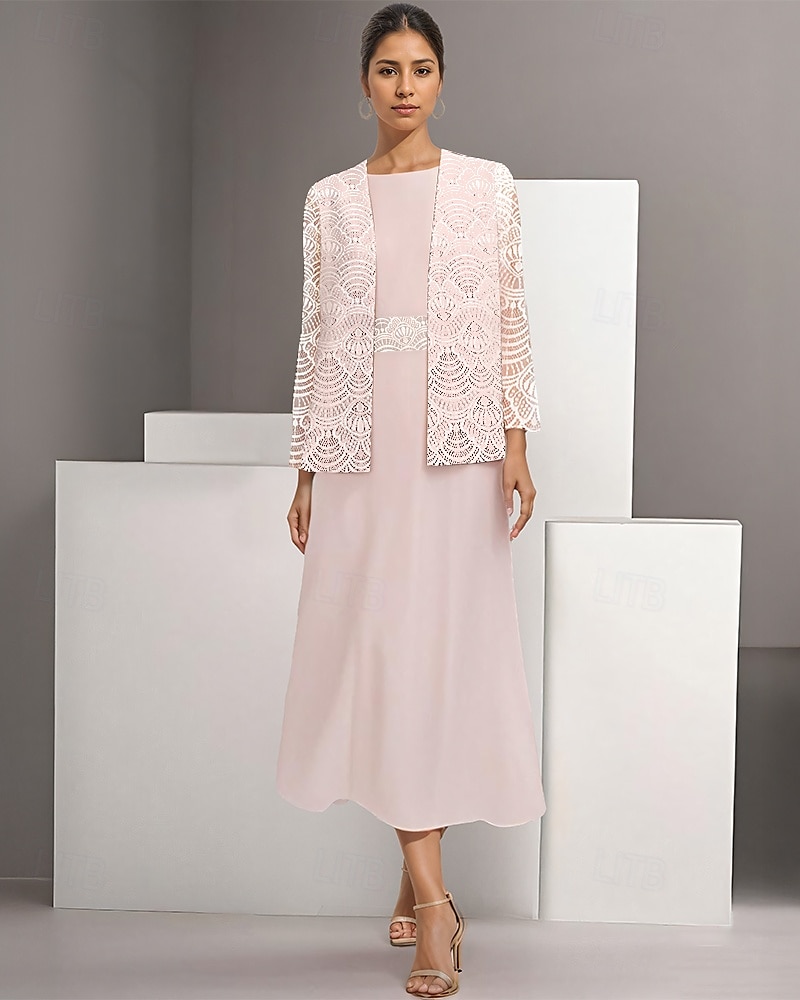 Zweiteiliges A-Linie Mutter der Braut Kleid Elegant Einfach Lässig Bootsausschnitt Knöchellang Chiffon Lange Ärmel mit Spitze 2025 - $132.99 –P1