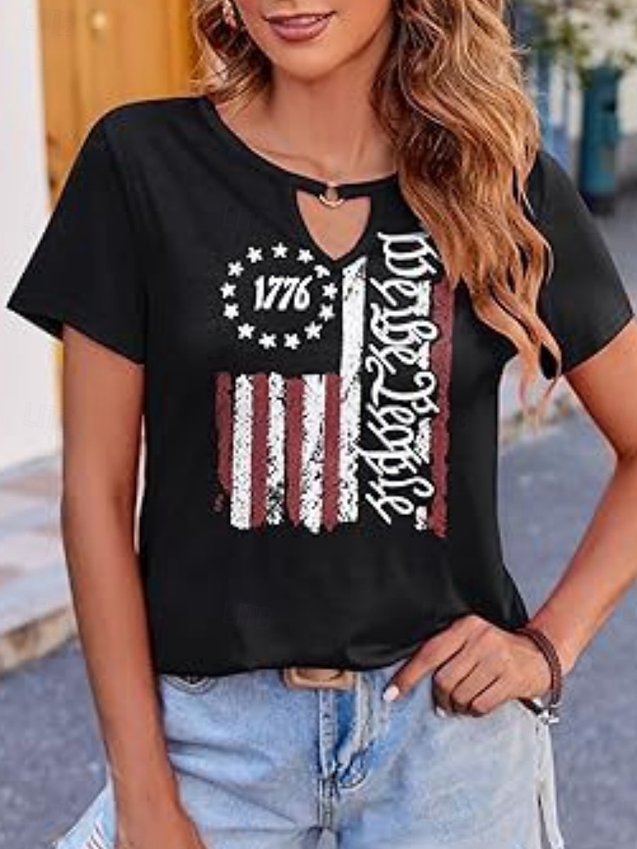 Vrouwen Blouse Vlag Stijlvol Casual Korte Mouw Crewneck Regelmatige Tops Dagelijks Print Zwart Rood Marineblauw Zomer 2025 - $19.99 –P10