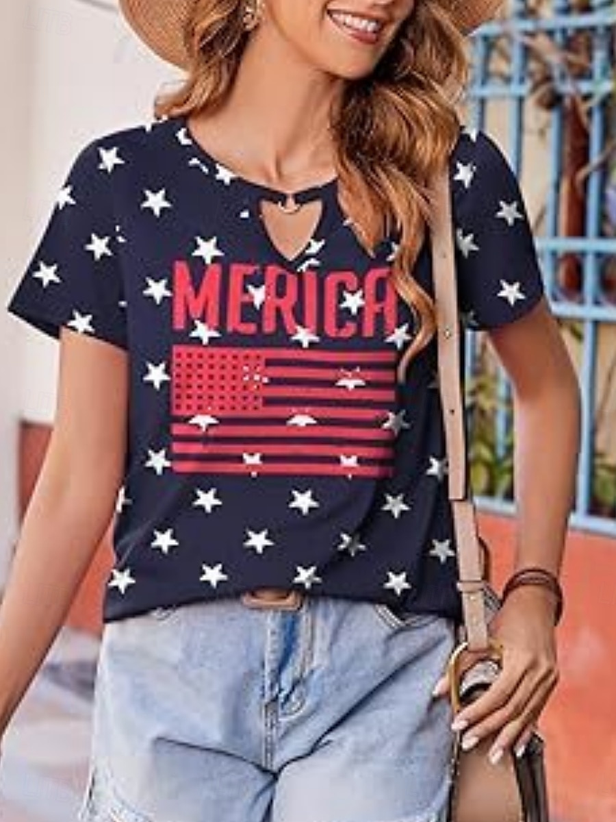 Vrouwen Blouse Vlag Stijlvol Casual Korte Mouw Crewneck Regelmatige Tops Dagelijks Print Zwart Rood Marineblauw Zomer 2025 - $19.99 –P14