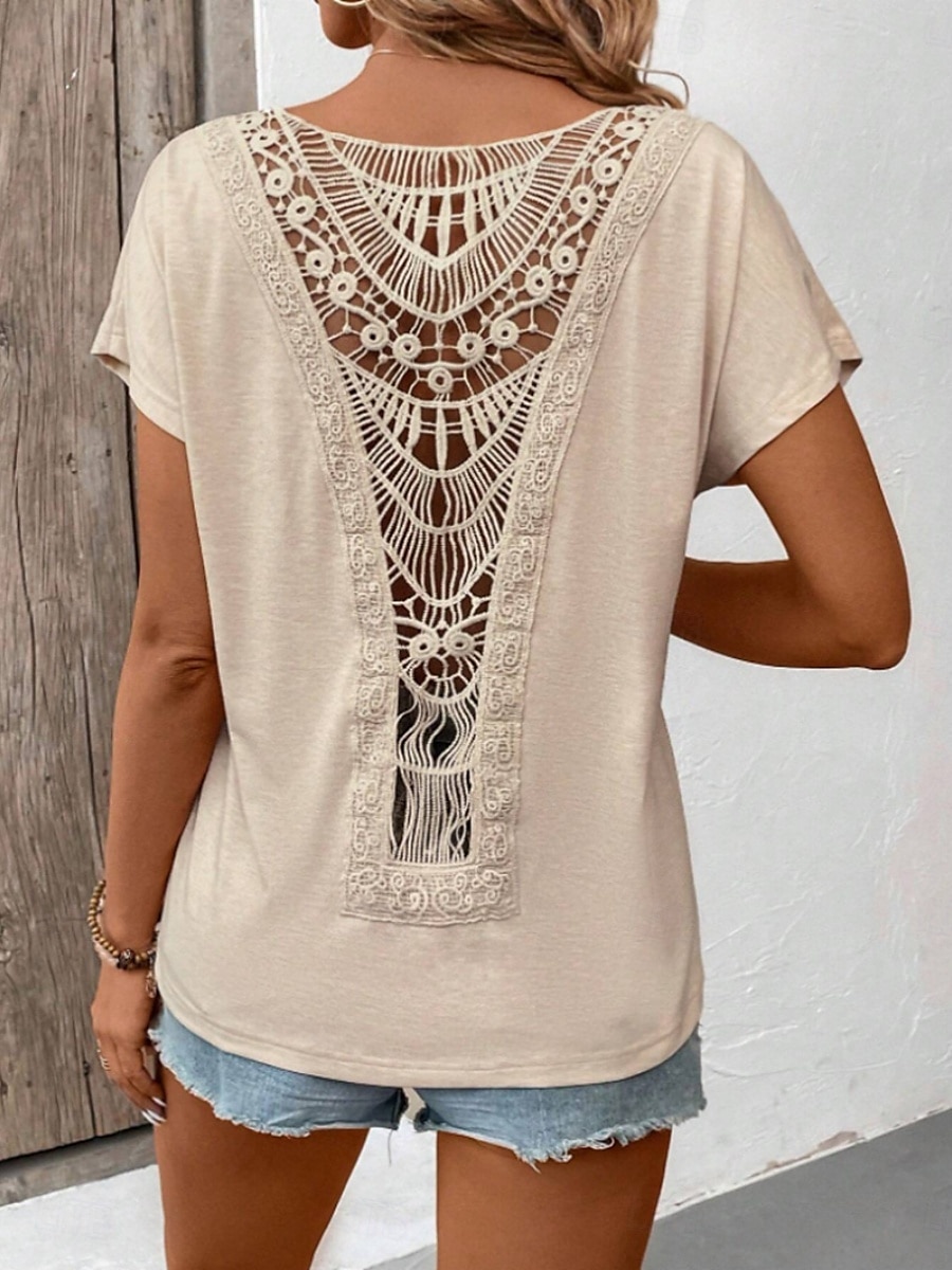 Damen T-Shirt Einfarbig Einfach Mode Modern Lässig Kurzarm Rundhalsausschnitt Regulär Oberteile Täglich Wochenende Spitze Patchwork Schwarz Weiß Pink Khaki Sommer 2025 - $18.99 –P10