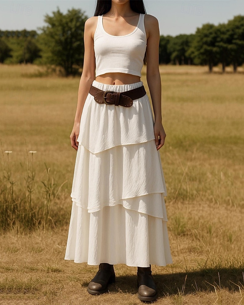 Mujer Falda Línea A Columpio Casual Boho Maxi Alta cintura Faldas Color sólido Retazos Vacaciones Festivos Blanco Verano Poliéster 2025 - $23.99 –P1