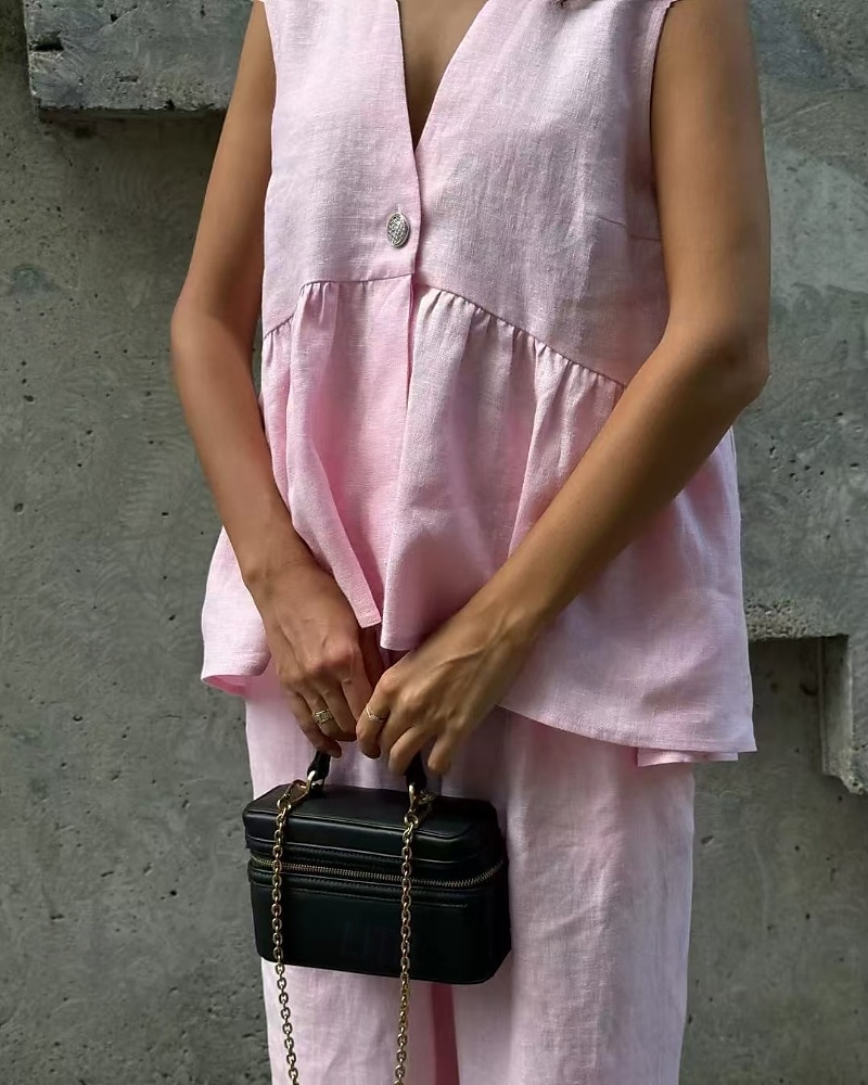 Damen Aktiv Mode Baumwoll-Leinen-Hemden Bluse Hosen-Sets Ärmellos V Ausschnitt Einfarbig Dubbele Rij Knopen Urlaub Alltagstauglich Schwarz Rosa Leicht Blau Sommer Normale Passform 2025 - $36.99 –P2