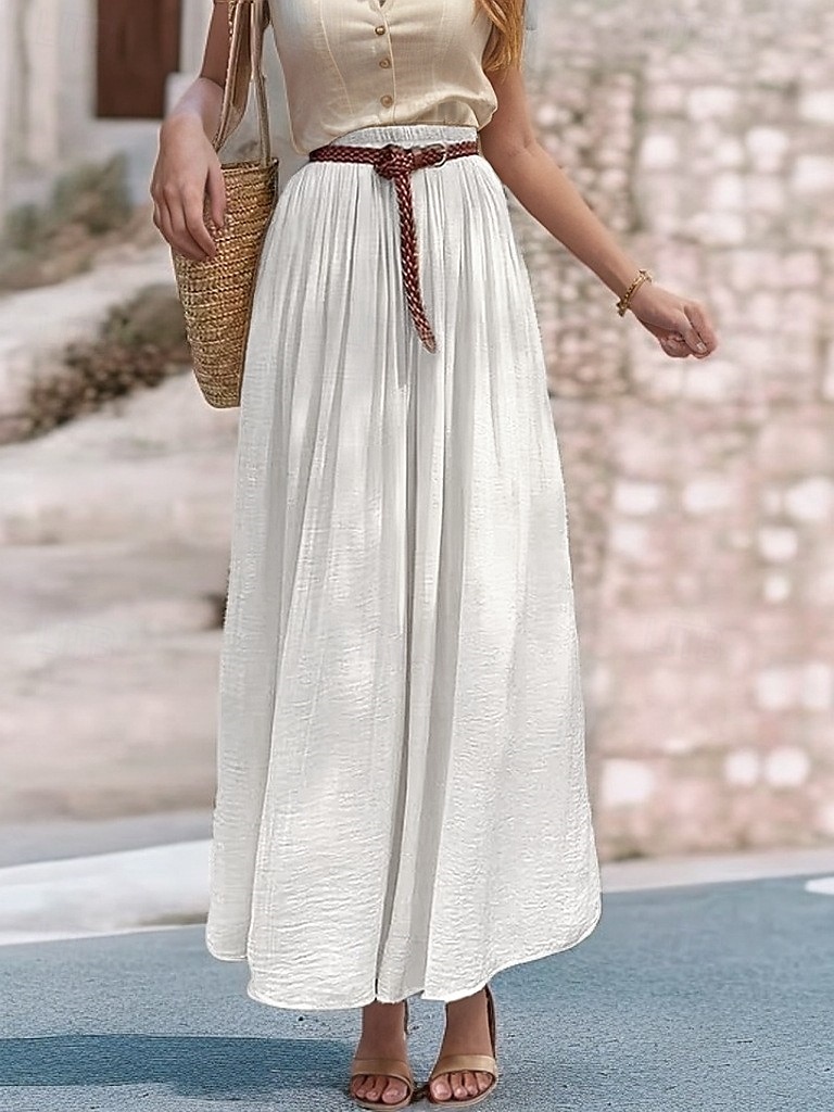 Damen Asiatische Größe Schwingend Leinenröcke Elegant Lässig Midi Hohe Taille Röcke Einfarbig Gerafft Plissiert Fließend Mikroelastisch Urlaub Täglich Wein Schwarz Weiß Rosa Frühling, Herbst, Winter 2025 - $32.99 –P2