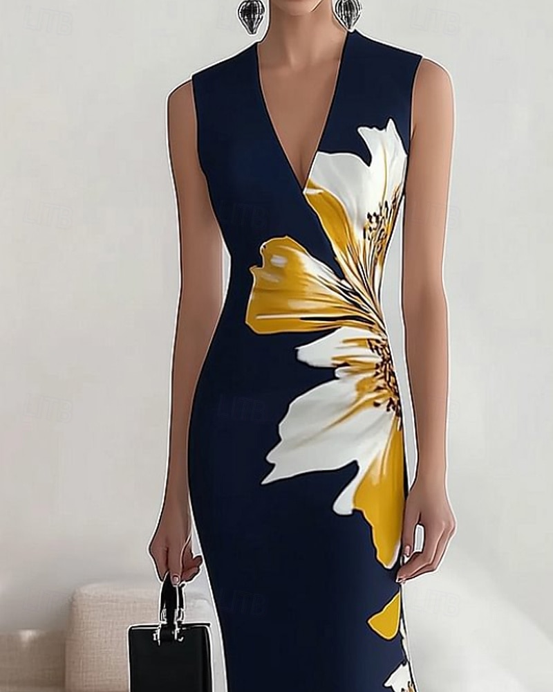 Per donna Abito Midi Abito Floreale Abito Stampato Elegante Moda All'aperto Vacanza Ferie Vestibilità regolare Fiore Senza Maniche Scollo a V Blu marino Estate del 2025 a $24.99 –P2