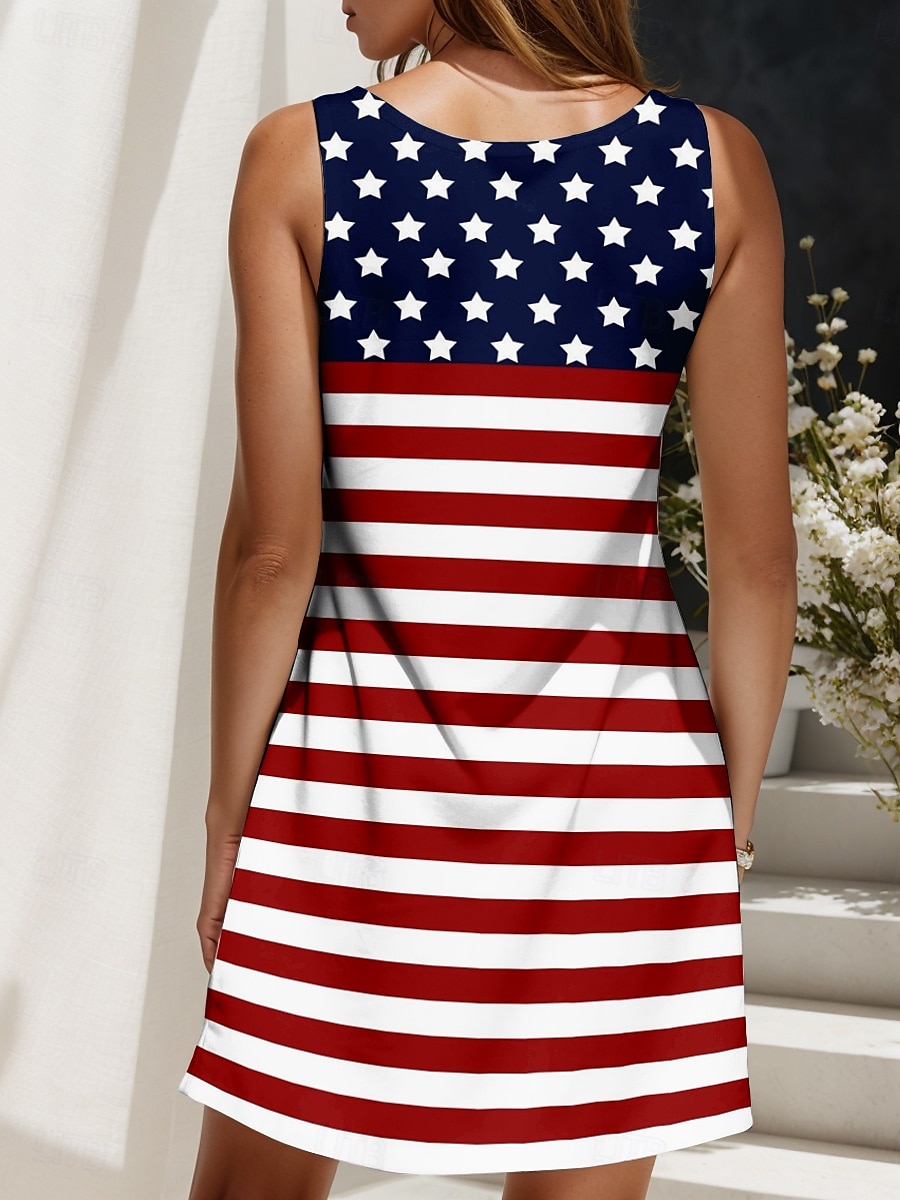 Robe patriotique pour femmes robe mini robe d'été robe décontractée boho régulière graphique drapeau géométrique sans manches col U rouge de 2025 ? $21.99 –P2