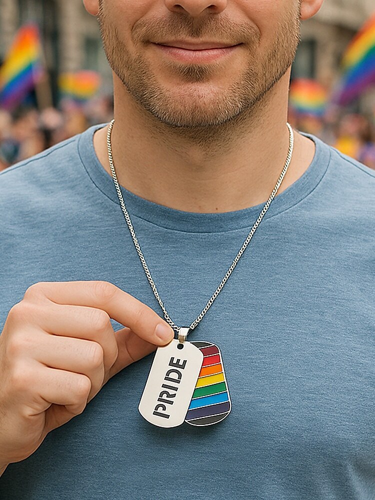 Colar masculino LGBTQIA+ com estampa de arco-íris e recortes do orgulho - corrente com pingente de aço inoxidável, joia festiva ousada para o mês do orgulho, desfiles LGBTQIA+ e expressão cotidiana de 2025 por $9.99 –P1