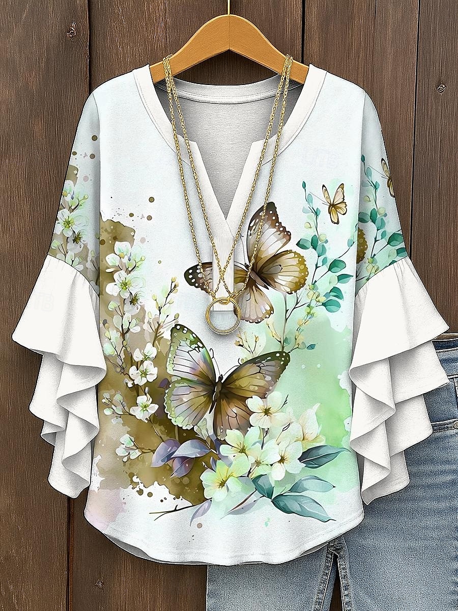 Women's Blouse Layered Ruffle Sleeve Tops Floral Graphic Butterfly Bohemia Vintage Tropical 3/4 Length Sleeve V Neck Regular Tops Daily Holiday Vacation Wear Print Yellow Red Blue Purple Green Summer 2025 - $29.99 –P7