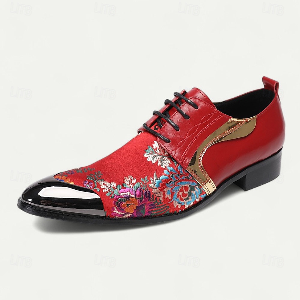 Męskie czerwone skórzane buty wizytowe z kwiatowym haftem i metalowymi akcentami w złotym kolorze – eleganckie obuwie na wesela i wieczorne wydarzenia 2025 - $119.99 –P3