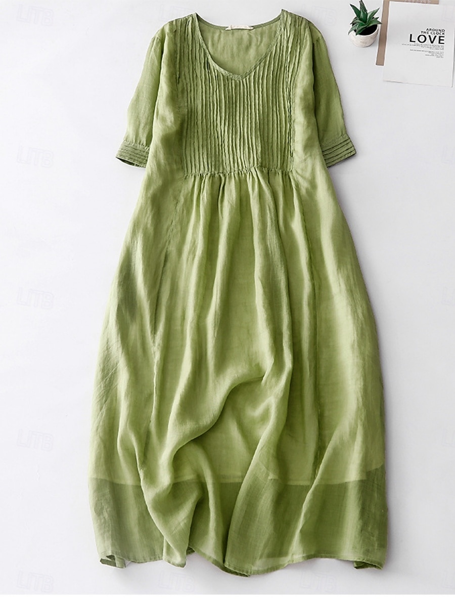 Rochie midi din bumbac și in pentru femei, rochie tip A, rochie de vară, casual, croială regulată, simplă, mânecă scurtă, guler rotund, alb, albastru, violet, verde, vară 2025 - $38.99 –P5