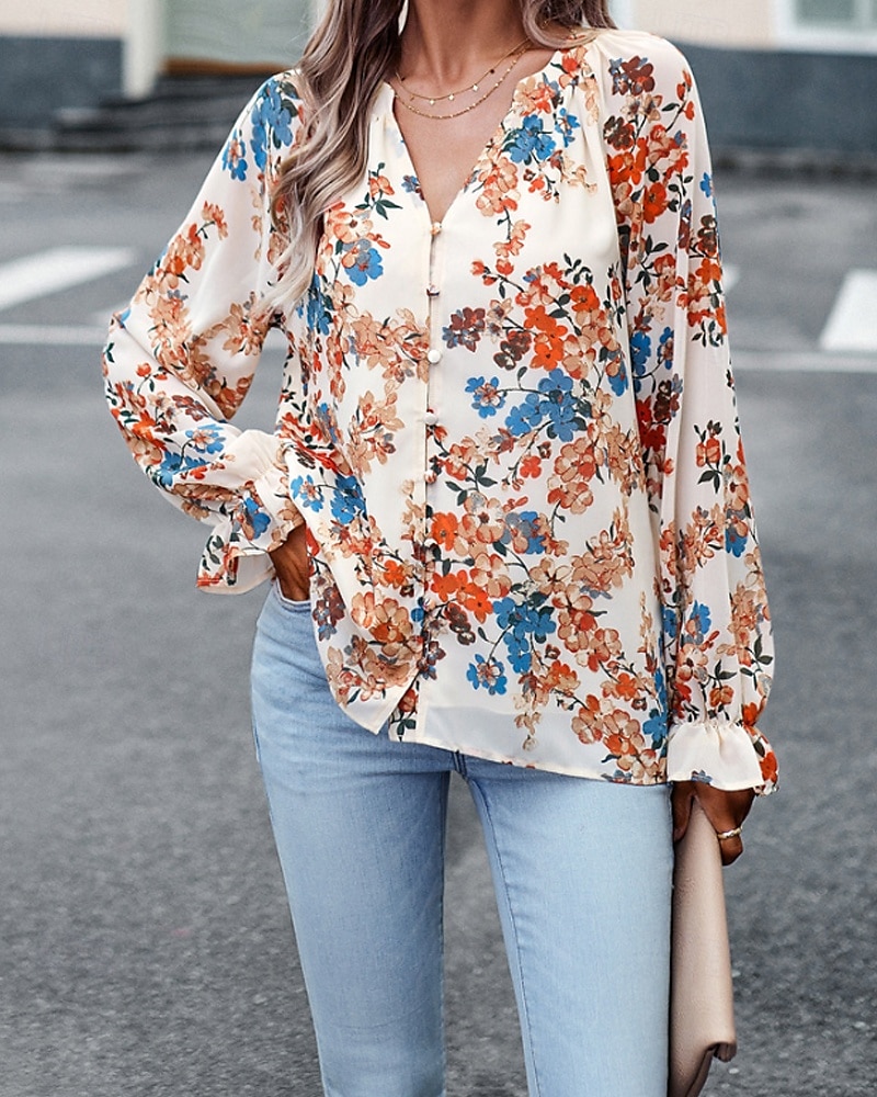 Femmes Chemise Bohème Chemisier Fleur Moderne Boho manche longue Col en V Hauts Réguliers Quotidien Sortir Imprimé Noir bleu marine Bleu Abricot Été de 2025 ? $26.99 –P19