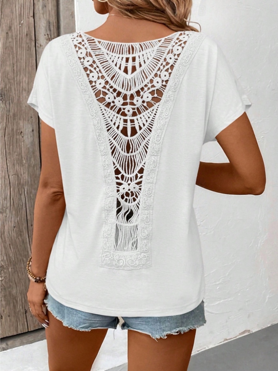 Damen T-Shirt Einfarbig Einfach Mode Modern Lässig Kurzarm Rundhalsausschnitt Regulär Oberteile Täglich Wochenende Spitze Patchwork Schwarz Weiß Pink Khaki Sommer 2025 - $18.99 –P15