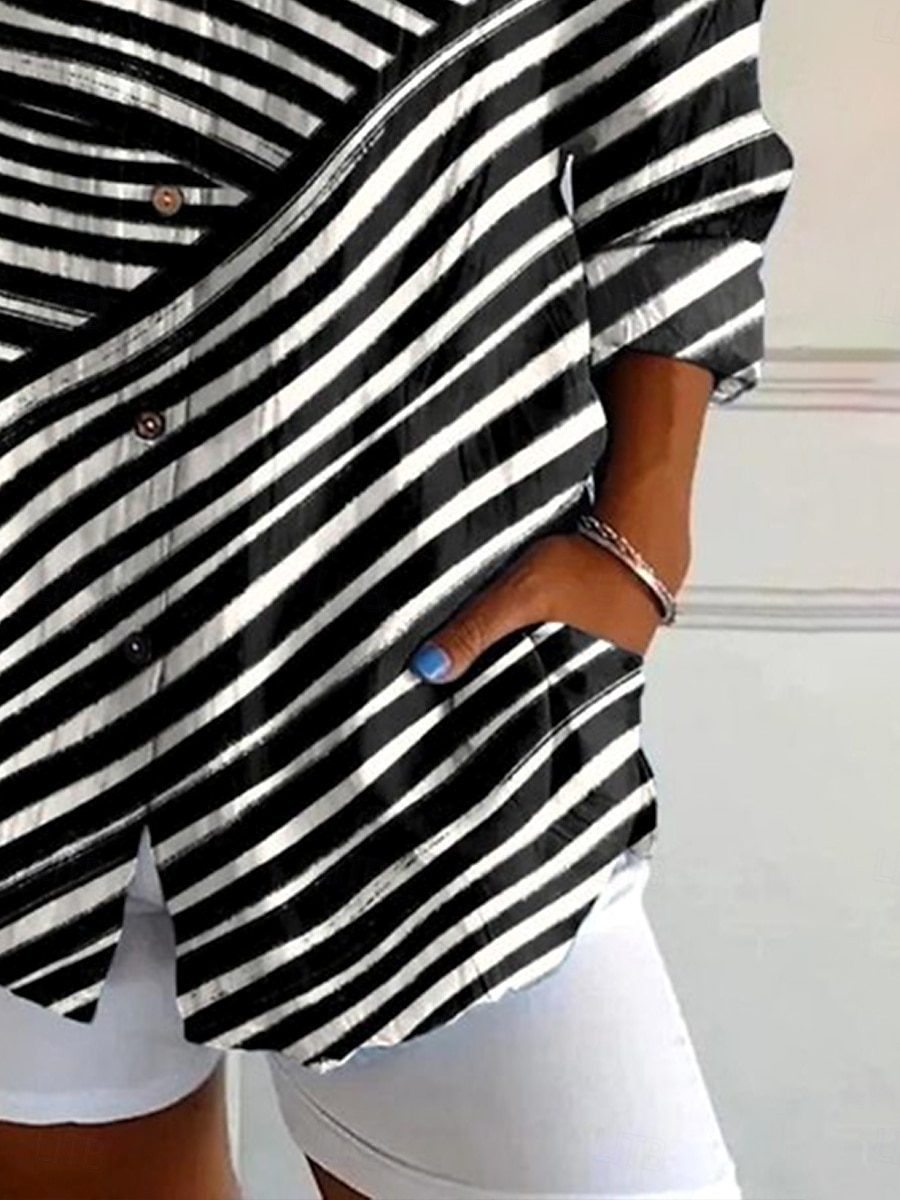 Camicia da donna Button Down Tunic Camicia colletto manica lunga grafica geometrica a righe vintage tropicale quotidiano regolare tops lavoro quotidiano s stampa nera primavera del 2025 a $32.99 –P3