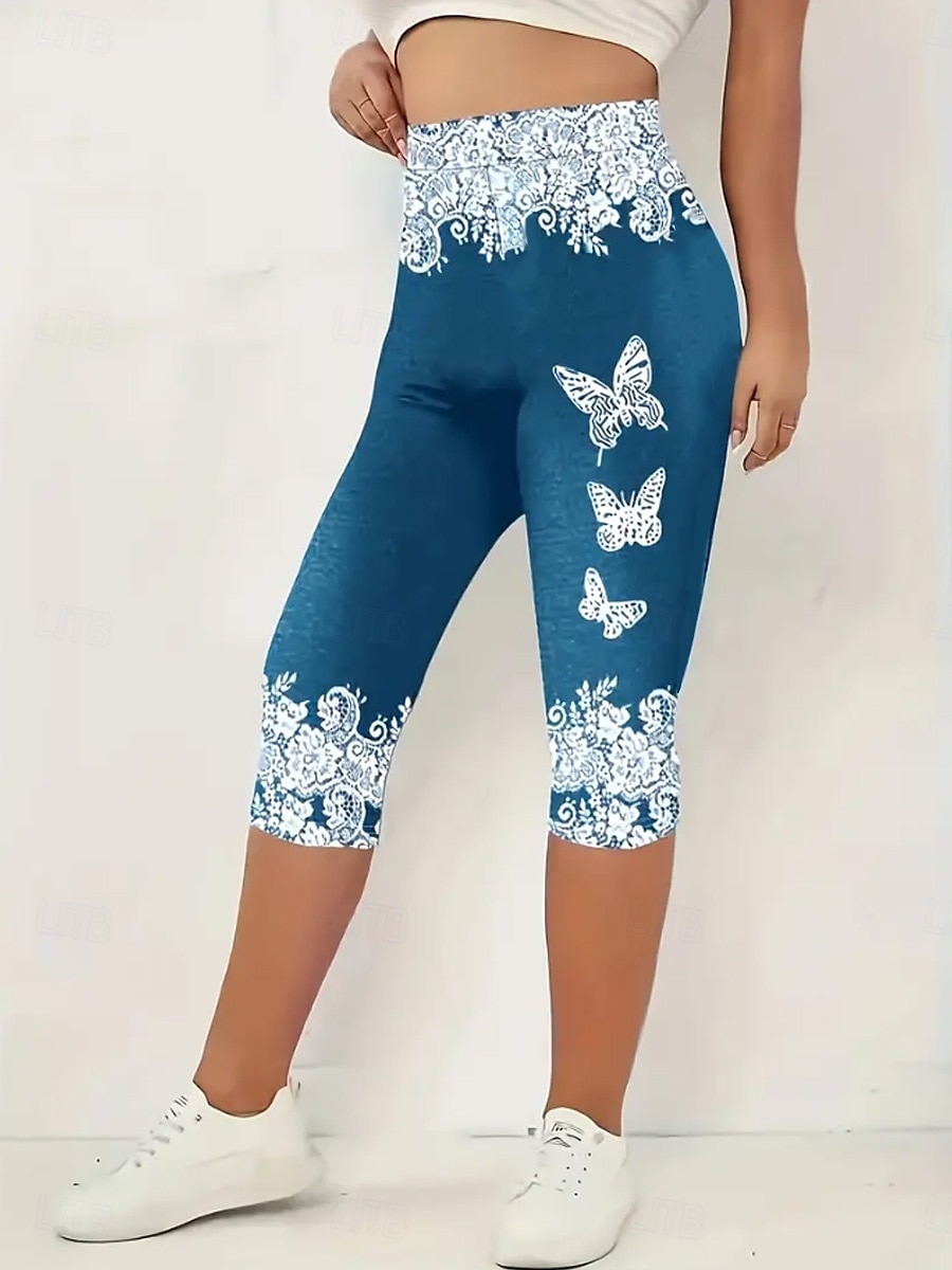 Leggings Capri pour femmes haute élasticité mode vacances hawaïenne longueur mollet taille mi-haute impression graphique respirant doux extensible vacances décontractée quotidienne bleu œuf de de 2025 ? $18.99 –P1