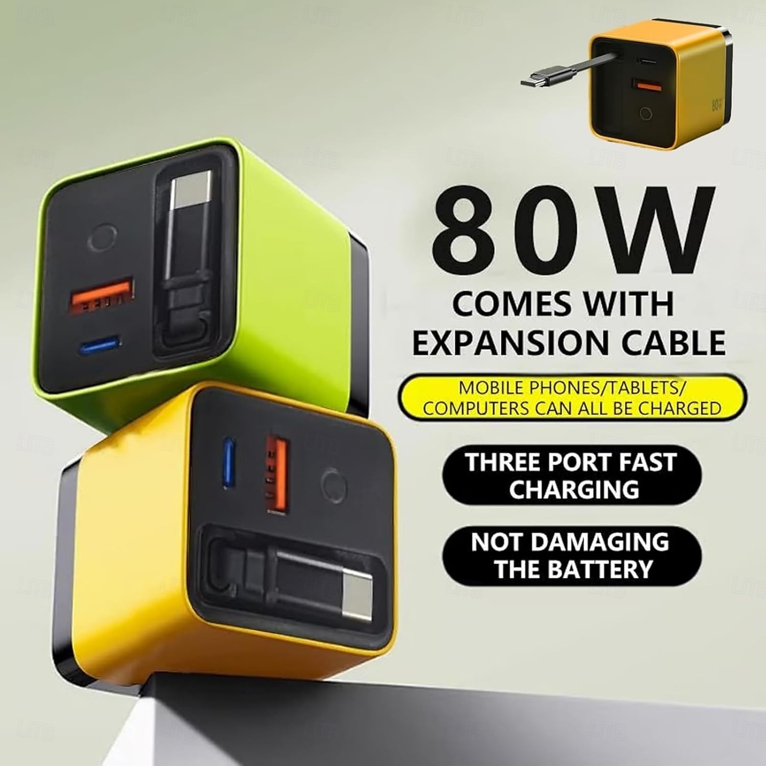 3 in 1 GaN Charger,Scalable 80w Max Fast Charger Module with Type-C Cable and 2 USB Ports, for iPhone, Phone and Laptops 2025 - $28.99 –P1