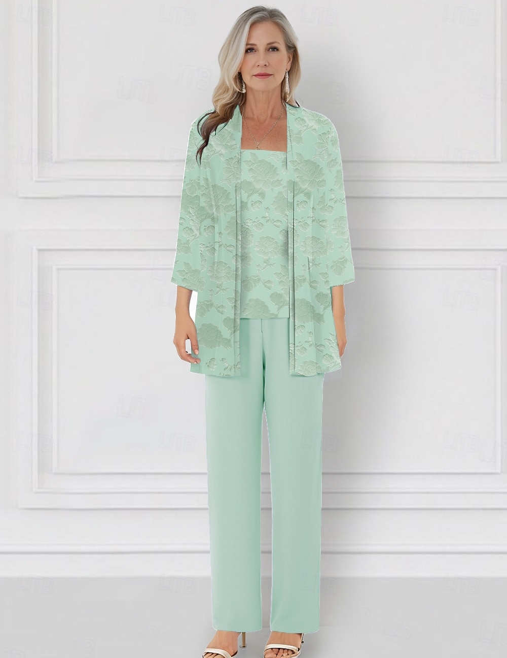 Sky Blue Burnt Out Floral Lace Jumpsuit / Pantsuit 3 Piece Mother of the Bride Pantsuit Elegant Simple Minimalist Crew Neck Floor Length Chiffon 3/4 Length Sleeve with Jacket 2025 - $136.99 –P5