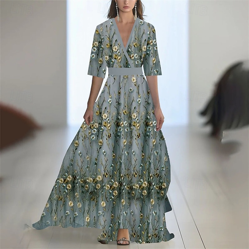 Damen Langes Kleid Maxikleid Freizeitkleid Schwingkleid Sommerkleid Elegant Mode Romantisch Outdoor Party Ferien Normale Passform Blume Halbarm V Ausschnitt Weiß Grau Sommer 2025 - $28.99 –P1