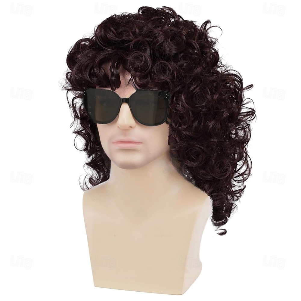 Hnědé kudrnaté mullet paruky pro muže 80. let dlouhé kudrnaté hippie rockové kostýmy cosplay paruka Halloweenské paruky 2025 - $25.99 –P6