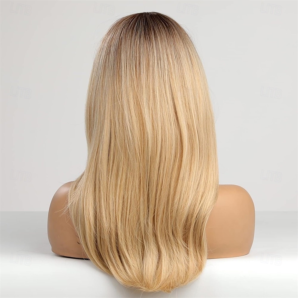 lange blonde pruiken voor vrouwen rechte pruiken met pony synthetisch gelaagd haar pruik met donkere wortels 2025 - $27.99 –P5