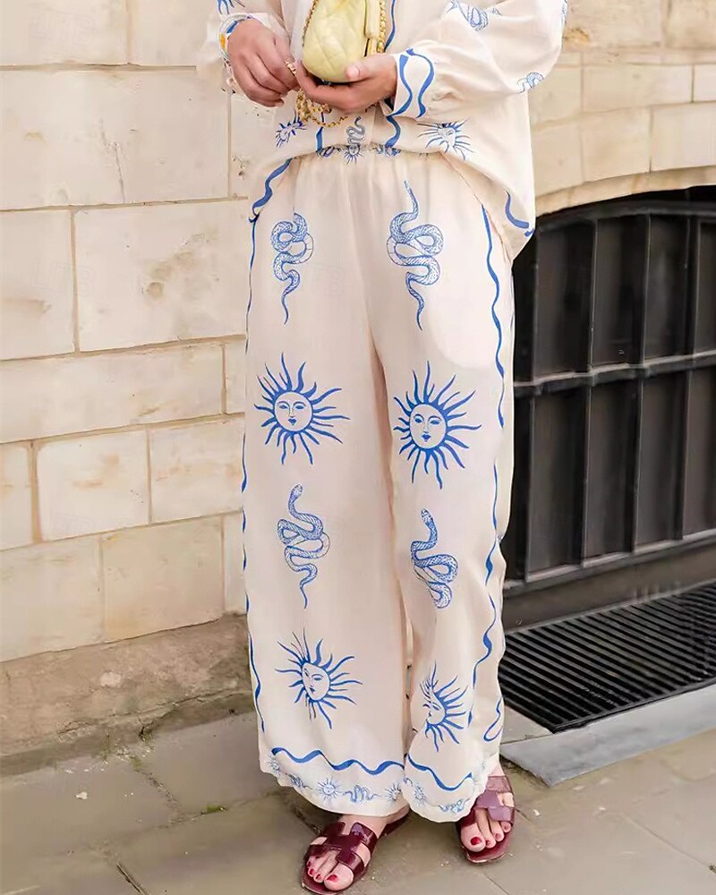 Pentru femei Modă Șic Stradă Cămăși Bumbac In Seturi de lenjerie de bumbac Seturi de pantaloni Manșon Lung Guler Cămașă Geometric Imprimeu Purtare Zilnică Dată Bej Vară Fit regulat 2025 - $44.99 –P5