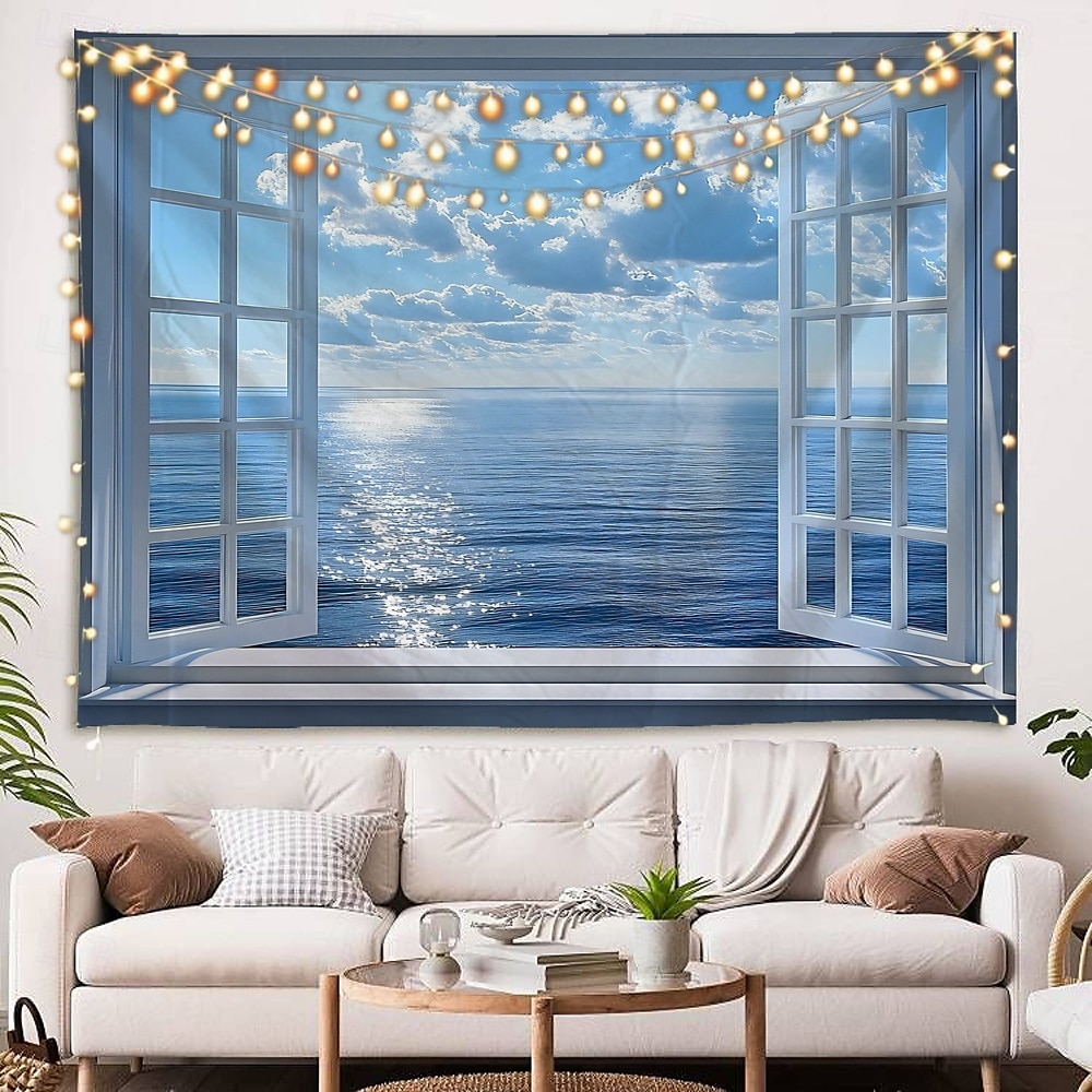 vindusgardiner havbølger kokospalmer landskap billedvev dekorativ kunst tepper gardiner hengende hjem soverom stue dekorasjon 2026 - $16.99 –P6