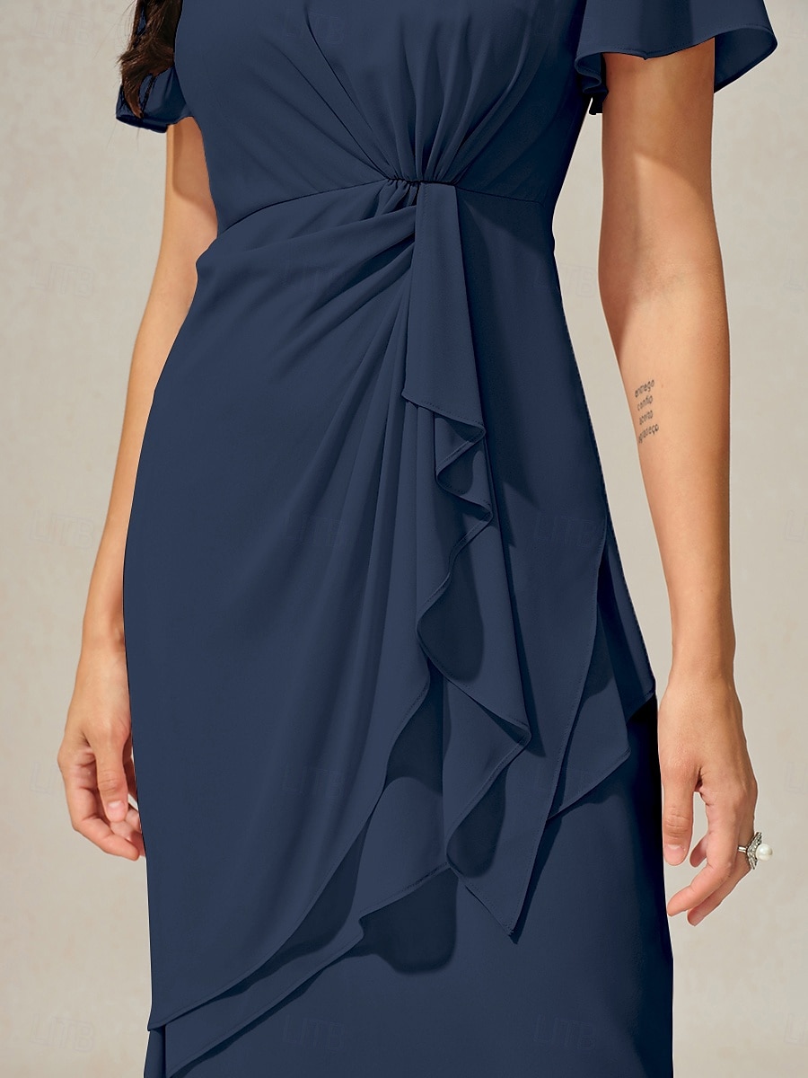 Mulheres Vestido Em Camadas Vestido midi Chiffon Nó torcido Convidado do casamento Coquetel Elegante Formal Gola Redonda Manga Curta Borboleta Azul Escuro Cor de 2025 por $49.99 –P9
