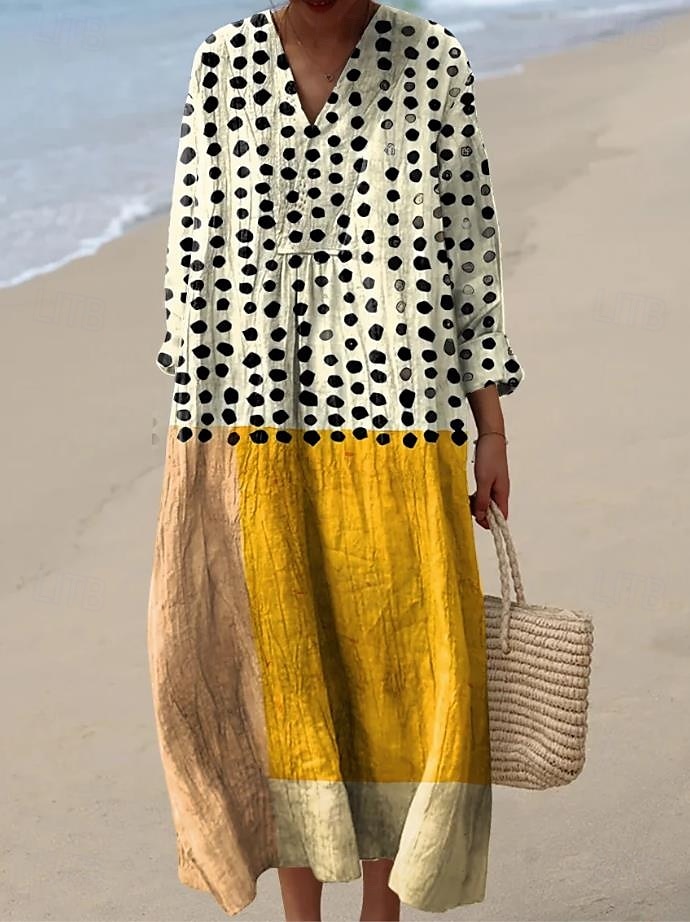 Women's Midi Dress Sundress A Line Dress Vacation Casual Boho Going out Beach Graphic Geometric Stripe Long Sleeve V Neck Black Yellow Dark Pink Blue Summer Spring 2025 - $35.99 –P2