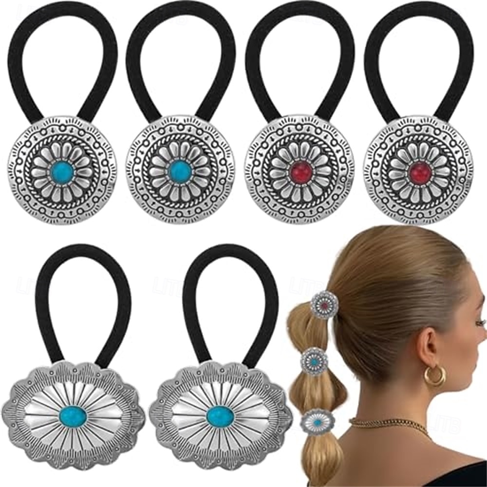 6 pezzi di elastici per capelli in metallo in stile western, elastici per capelli boho, elastici per capelli circolari a forma di fiore di zucca vintage, fasce per capelli con fiori di zucca turchese del 2025 a $12.49 –P7