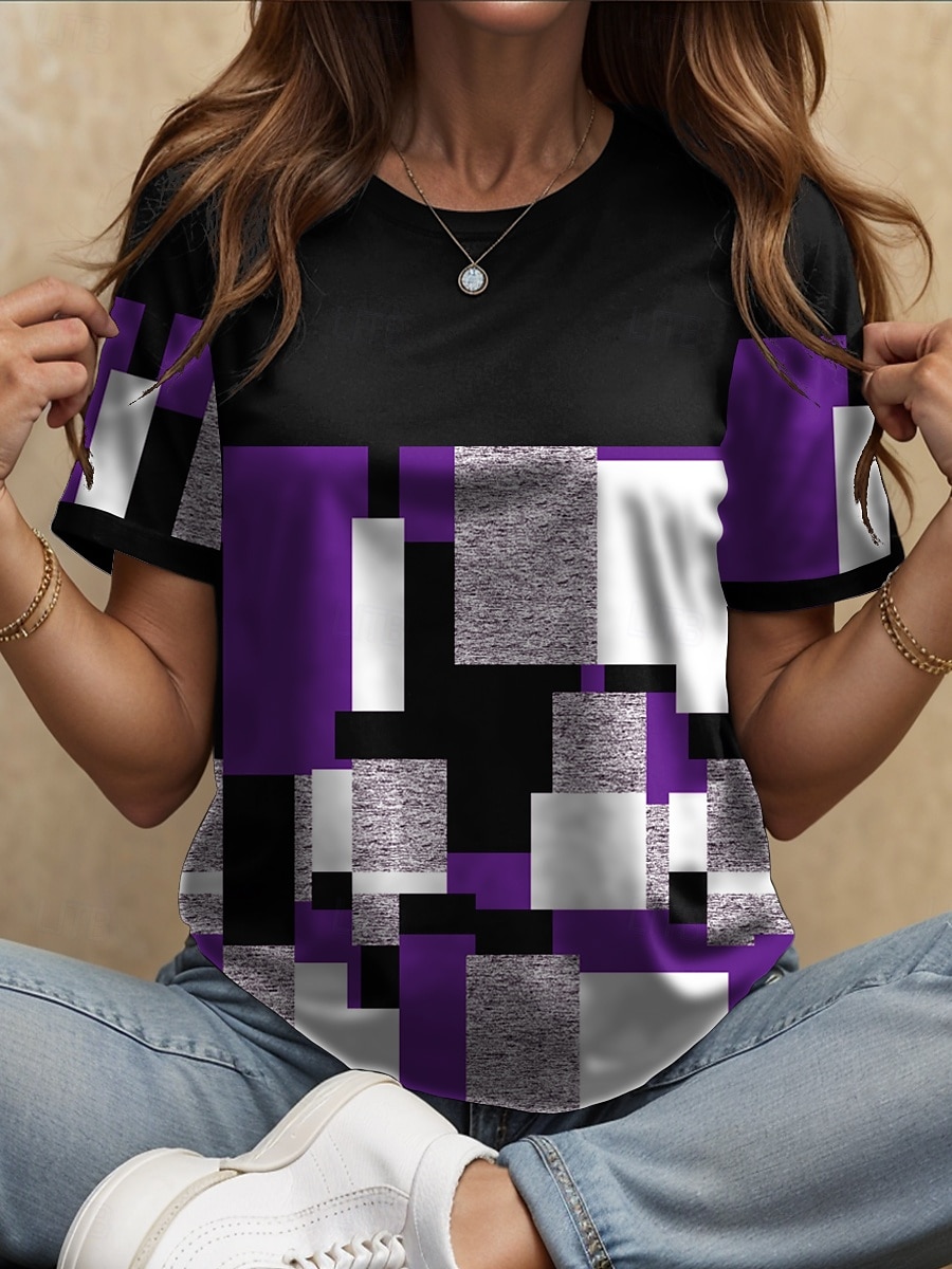 Dame T skjorte Grafisk Geometrisk Fargeblokk Årgang Stilfull Klassisk Kortermet Crew-hals Rund hals Vanlige topper Daglig Trykt mønster Rød Blå Lilla Grønn Sommer Vår 2025 - $19.99 –P6