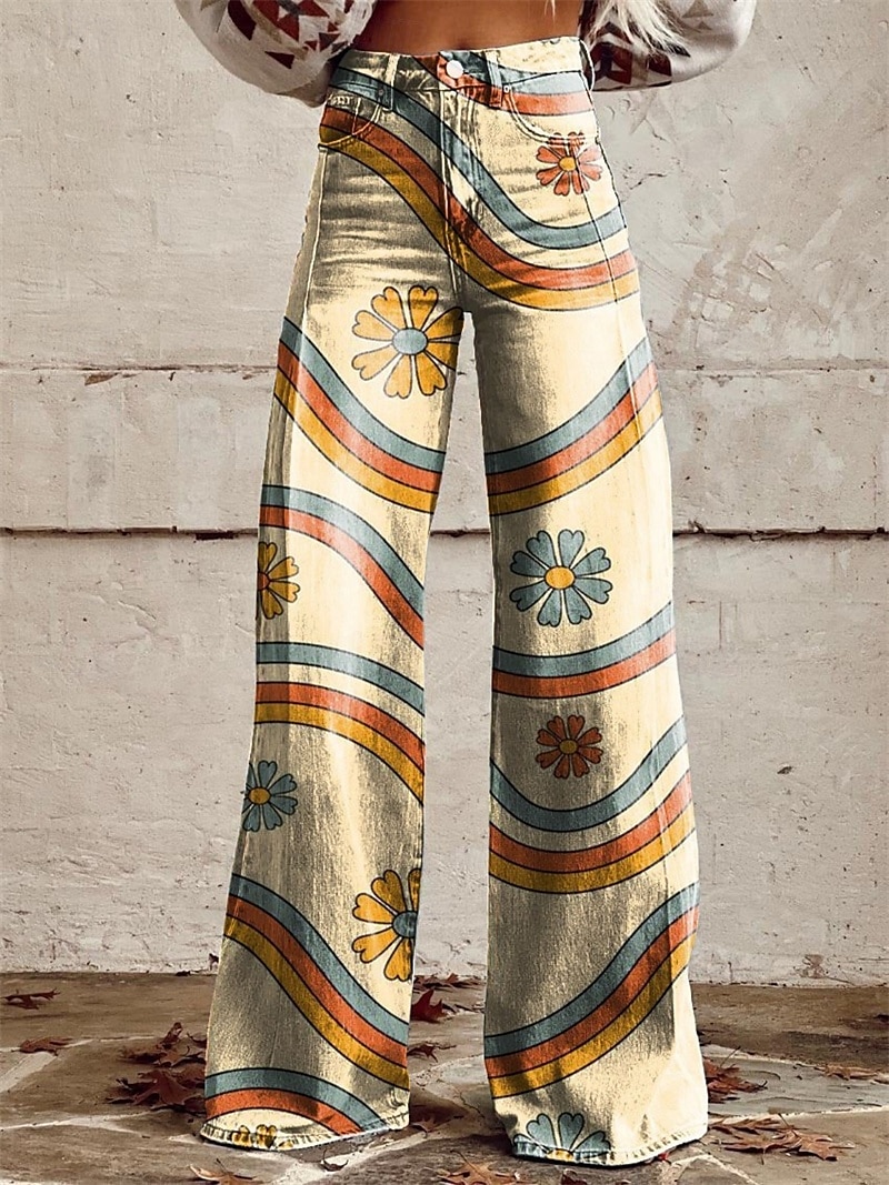 Retro vintage Boho Jaren '70 Broeken Broek met wijde pijpen Hippie Schijf Hoge taille Bloemig Madeliefje Faux Jeans Stijl Kostuum Dames Carnaval Casual / Dagelijks muziekfestival Retro themafeest 2026 - $35.99 –P6