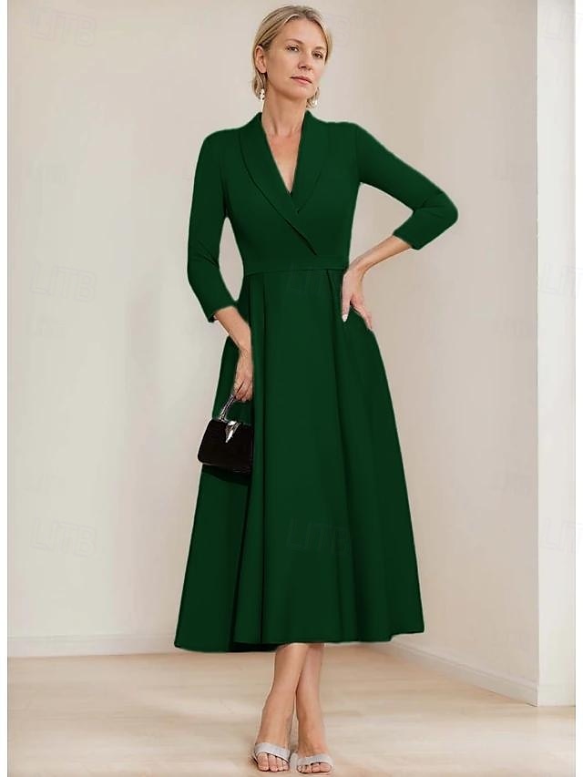 vestido blazer linha a mãe da noiva vestido crepe elegante simples lapela decote comprimento chá cetim manga 3/4 com cor sólida 2025 de 2025 por $169.99 –P10