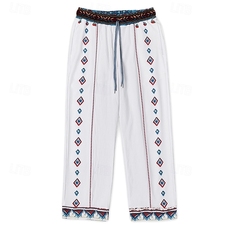 Homens Calças de linho Calças Calça verão Calças de praia Patchwork Cintura elástica Perna reta Geométrica Conforto Respirável Comprimento total Casual Diário Feriado Férias Moda Branco de 2025 por $29.99 –P4