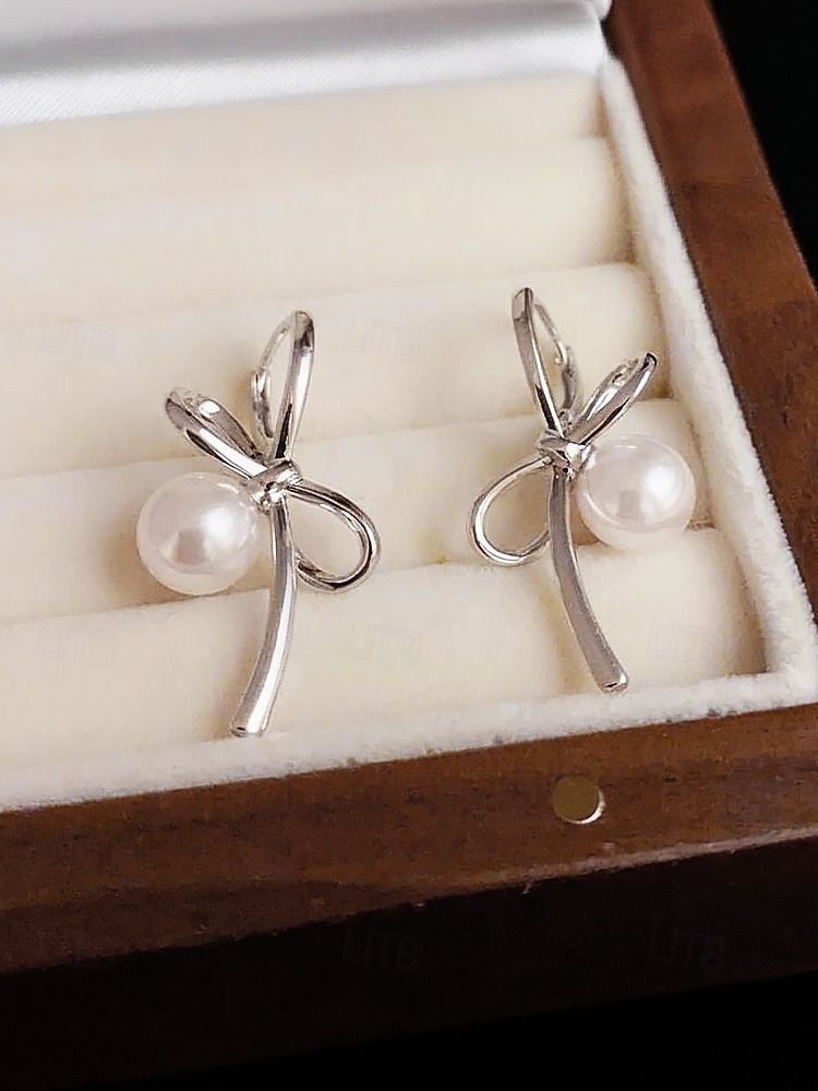 Women's Elegant Bow Knot Pearl Drop Earrings – Dainty Gold or Silver Plated Studs for Romantic Dates, Weddings and Daily Wear 2025 - $11.99 –P5