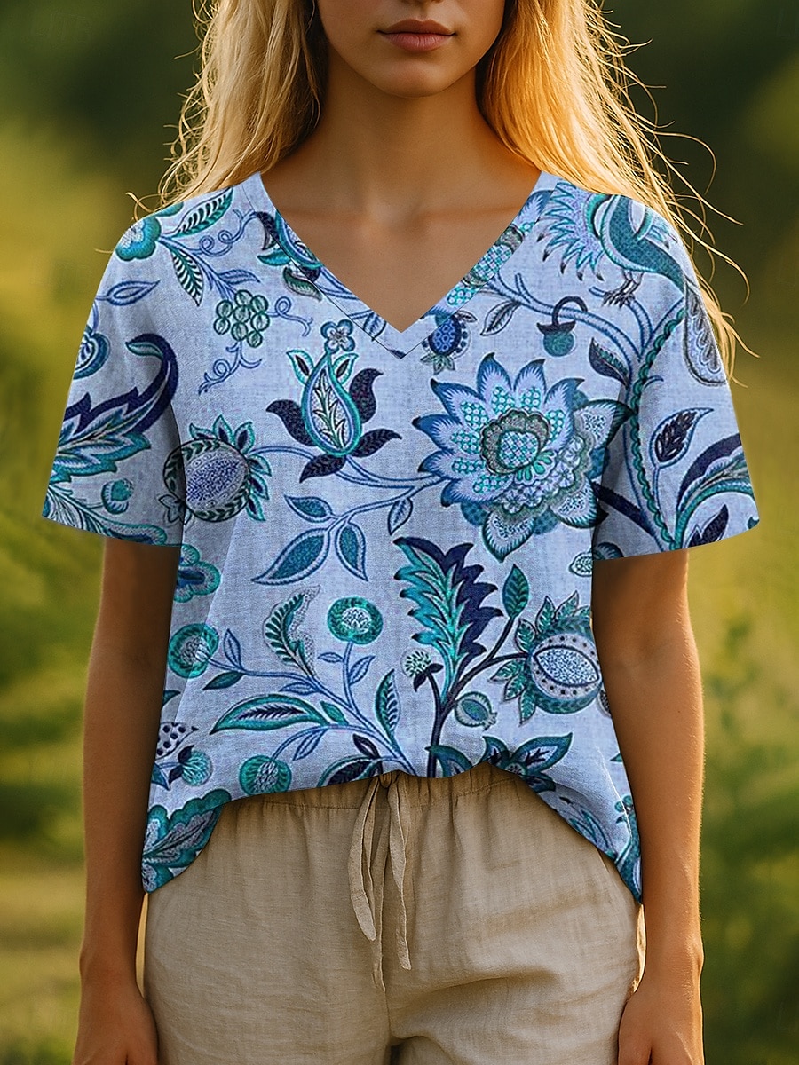 Femmes T-shirt Fleuri Graphique Plantes Bohème Élégant Occasionnel Manche Courte Col en V Hauts Réguliers Quotidien Imprimé Jaune Bleu Violet Vert Été Printemps de 2025 ? $19.99 –P4