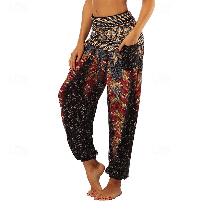 Retro Antiguo Boho Años 70 Pantalones Harem Pantalones de yoga Hippie Cintura elástica Pavo real Plumas Mujer Víspera de Todos los Santos Carnaval vacaciones en la playa Fiesta temática retro Festival 2025 - $27.99 –P14