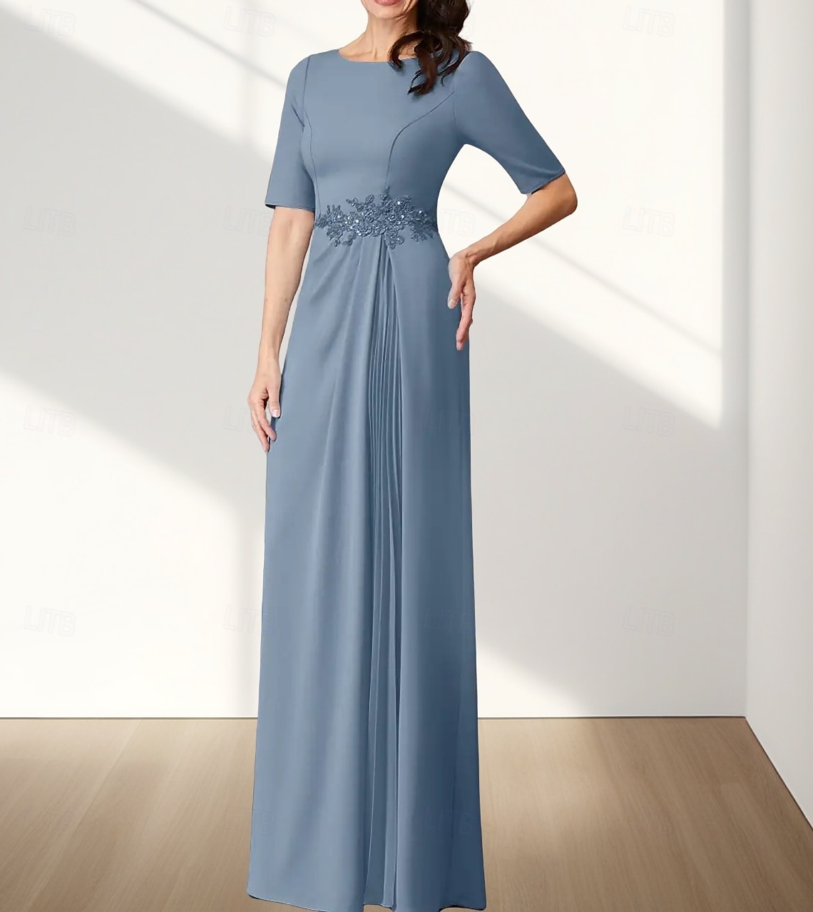 A-Linie Brautmutterkleid Hochzeitsgast Elegant Rundhalsausschnitt Bodenlang Chiffon Stretchstoff Halbarm mit Applikationen Raffung 2025 2025 - $157.99 –P1