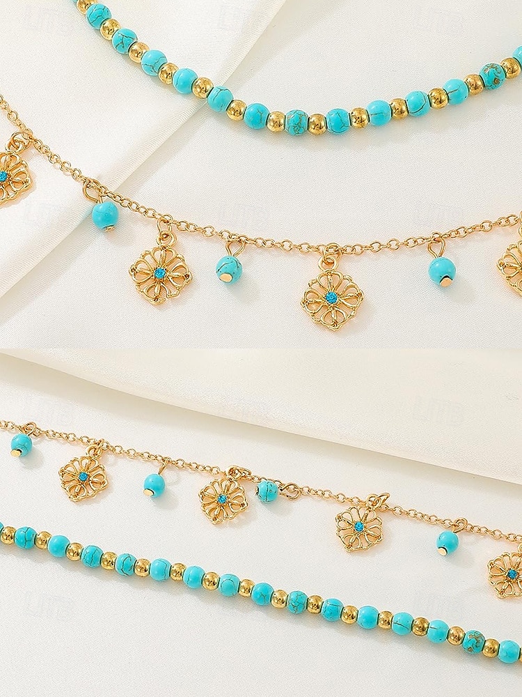 Tobillera con cuentas turquesas para mujer y dijes chapados en oro: joyería bohemia de playa para vacaciones de verano y festivales. 2025 - $7.99 –P5