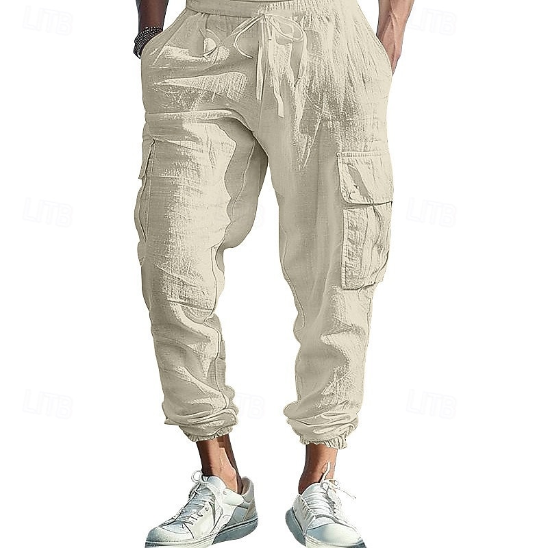 Herr Linne Byxor Cargo joggare Långbyxor Sommarbyxor Snörning Elastisk midja Flera fickor Slät Komfort Andningsfunktion Fullängd Utomhus Ledigt Dagligen Mode Klassisk Stil Svart Vit 2025 - $25.99 –P2