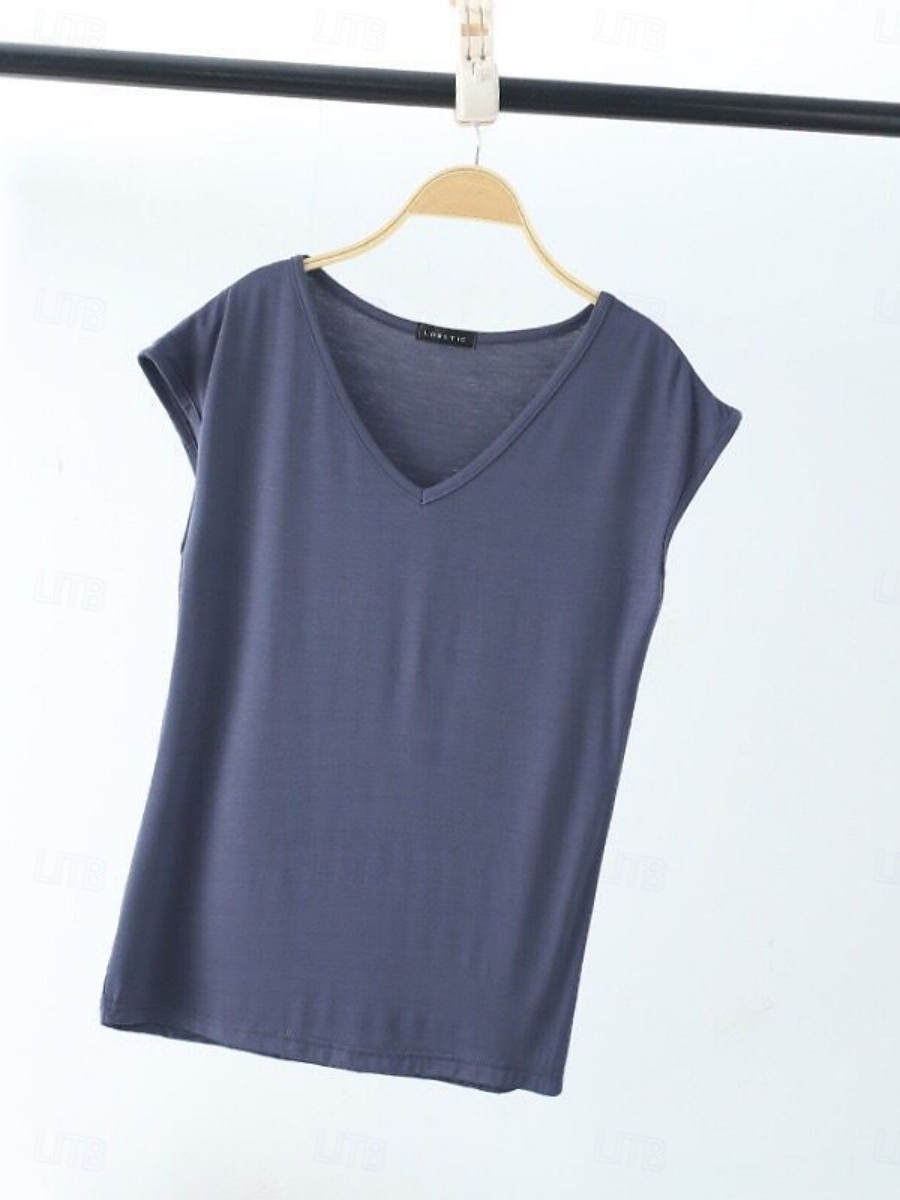 Dame Bluse Helfarge Stilfull Fritid Kortermet V-hals Vanlige topper Daglig Svart Hvit Rosa Rød Marineblå Sommer Vår 2025 - $15.99 –P8