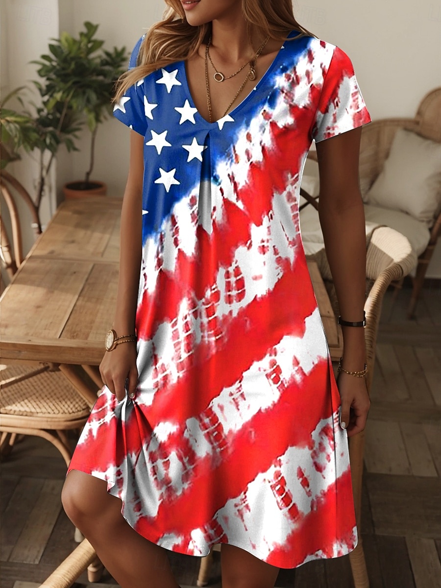 Abito Mini patriottico da donna per il Giorno dell'Indipendenza Abito T-shirt Abito Estivo Casual Quotidiano Fit Regolare Grafica Bandiera Rosso Bianco e Blu Manica Corta Collo a V Blu del 2026 a $24.99 –P6