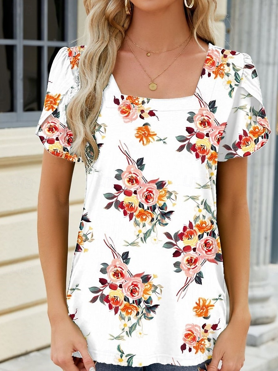 Damskie Podkoszulek Kwiaty Moda Nowoczesny Codzienny Krótki rękaw Kwadratowy dekolt Zwykłe topy Codzienny Weekend Biały Wino Niebieski Zielony Lato 2025 - $17.99 –P6