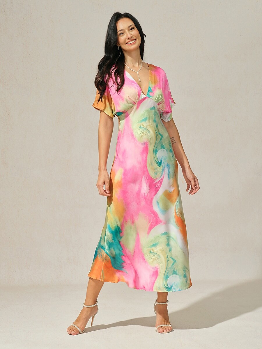 robe d'invitée de mariage pour femme, imprimé ombré, col en V, robe midi élégante, rendez-vous, manches courtes, coupe régulière, vacances, quotidien, robe d'été de 2025 ? $59.99 –P4