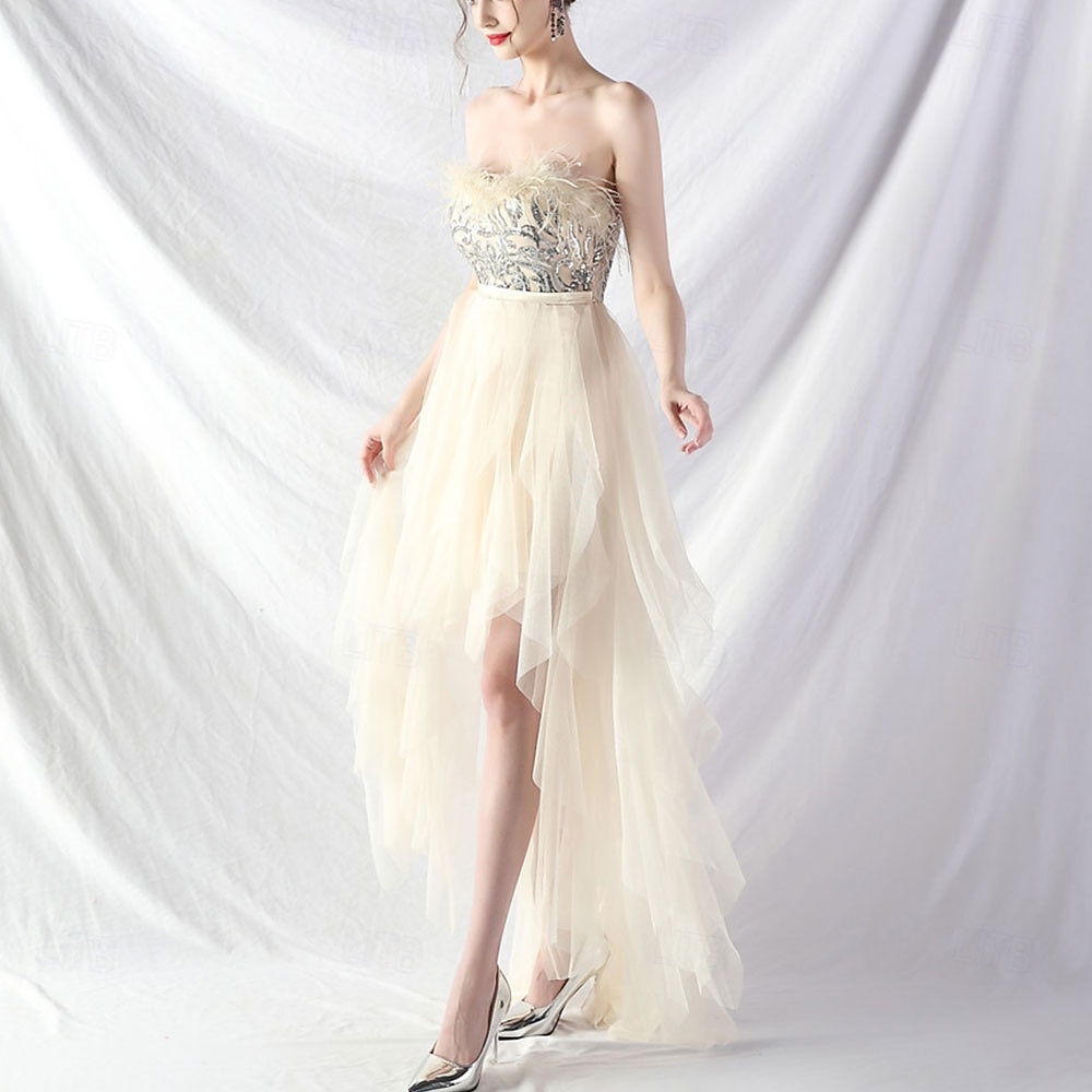 A-Line Quinceanera Dresses Elegant Dress Formal Wedding Asymmetrical Sleeveless Strapless Tulle Backless with Feather Embroidery 2025 - $84.99 –P12