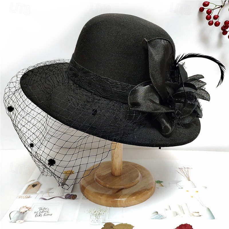 Vintage Fedora Bucket Hat with Removable Mesh Flowers Feathers Elegant Ladies Bowler Hat Winter Warm Wide Brim Church Derby Hat for Wedding Race Banquet 2025 - $23.99 –P11