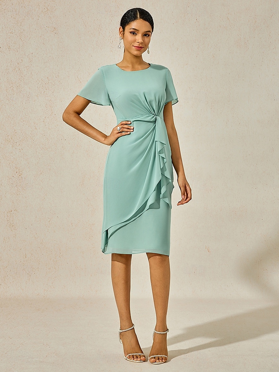 Women's Wedding Guest Cocktail Dress Chiffon Twisted Knot Elegant Formal Layered Midi Dress Crew Neck Short Sleeve Butterfly Sleeve Dark Blue Color 2025 - $49.99 –P1