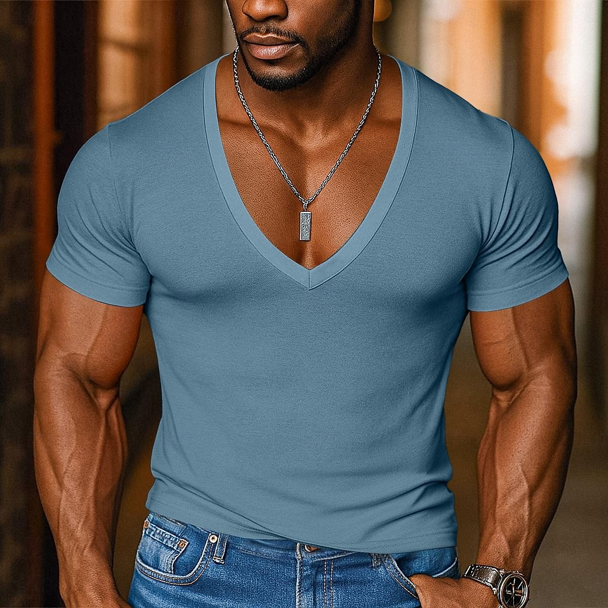 Herren T Shirt T-Shirt Kurze Ärmel V Ausschnitt Sommer Einfarbig Mode Designer Basic V-Ausschnitt Urlaub Straße Lässig Hellblau Schwarz Rosa Top T-Shirt für Herren 2025 - $12.99 –P6