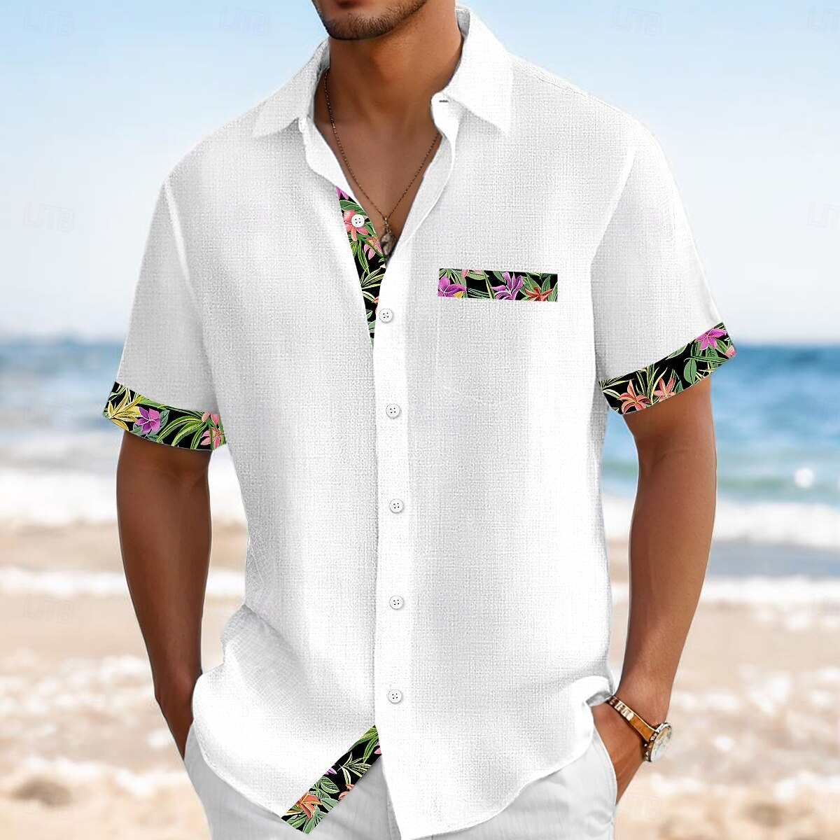 Voor heren Overhemd Linnen overhemd Zomer overhemd Strand Kleding Overhemd met knopen Effen Kleur Vakantie Curise Zwart Wit Blozend Roze Groen Korte mouw Kraag Zomer Lente zomer Kleding Kleurenblok 2025 - $25.99 –P4